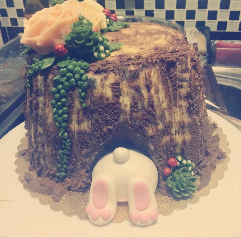 兔子的PP—黑巧仿树桩韩式豆沙裱花翻糖蛋糕