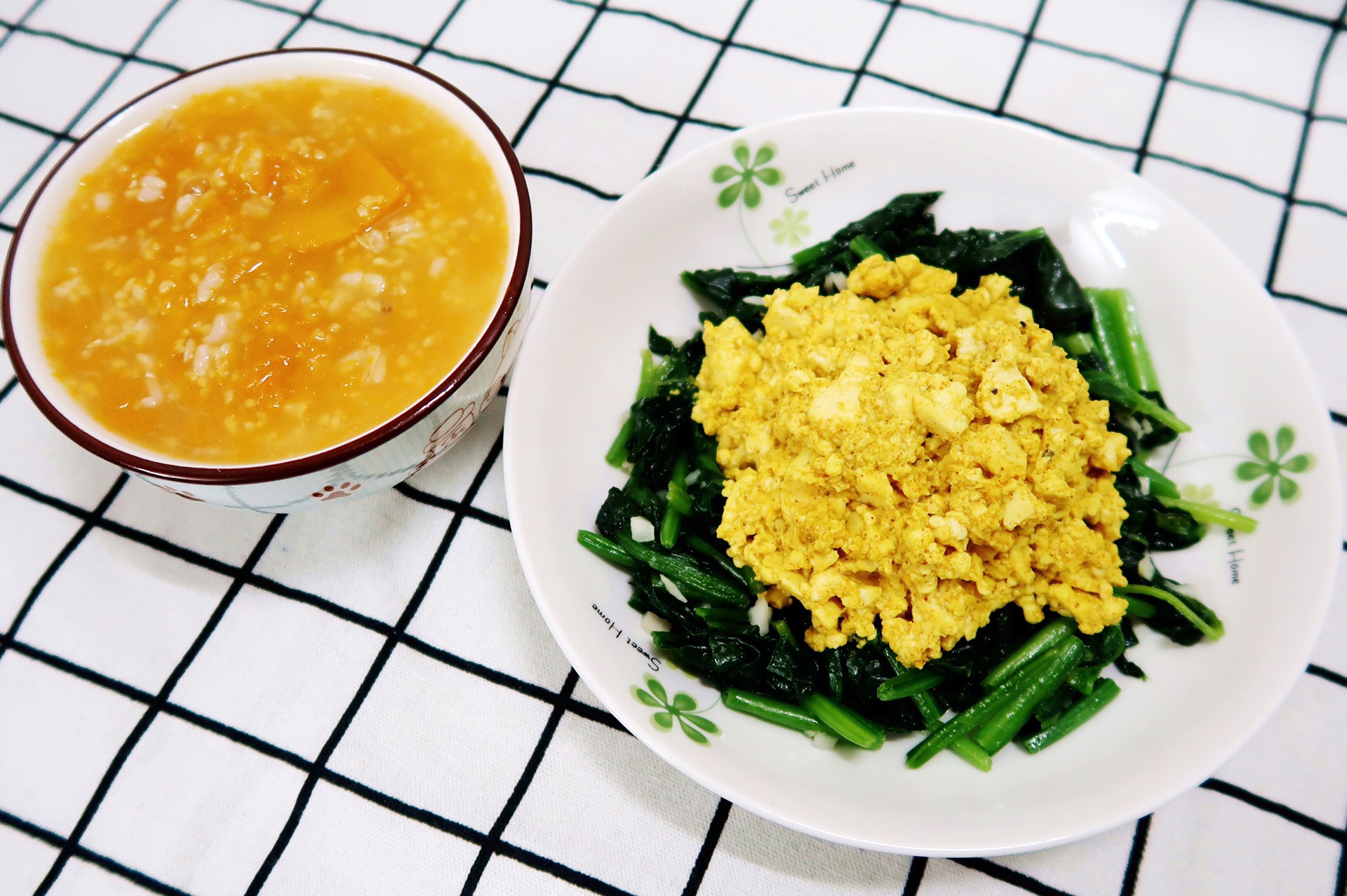 清肠餐之南瓜糙米燕麦粥+菠菜咖喱豆腐